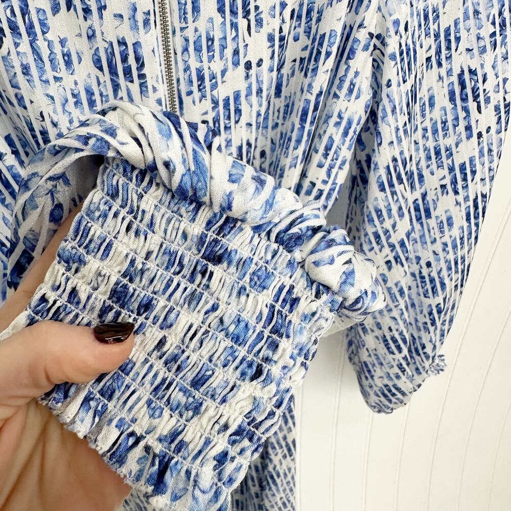 Alice + Olivia Molli Dress Blue White Floral Print Belted Long Sleeve Mini 4 - Picture 6 of 9